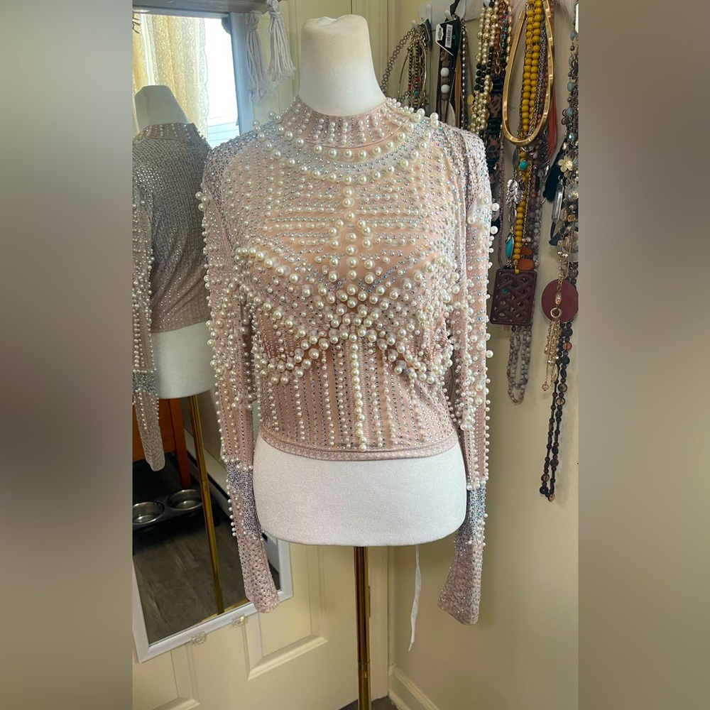 Fashion Nova Pearl Embellished Nude Top